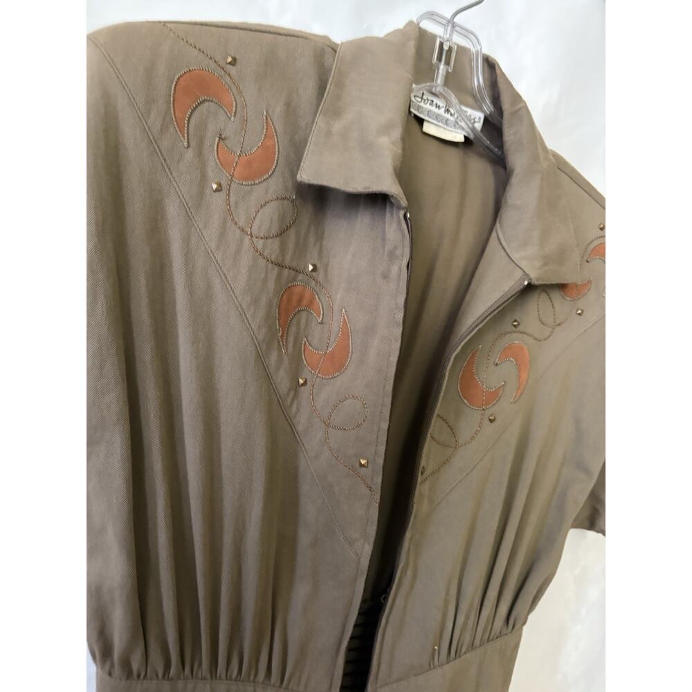 80's Joan Walters Jumpsuit Brown Chalders Pads Sz Medium 100% Cotton Made in USA - Picture 4 of 12
